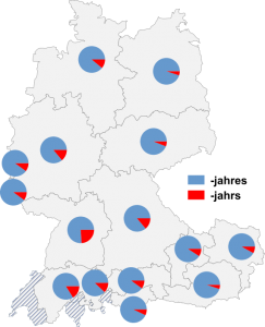 Relative Auftretenshäufigkeit von -jahres / -jahrs innerhalb der einzelnen Areale