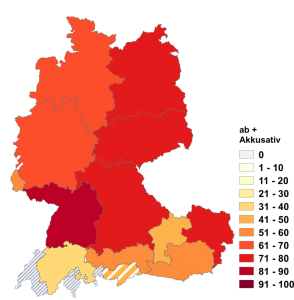 Relative Auftretenshäufigkeit von ab + Akkusativ innerhalb der einzelnen Areale im Verhältnis zu ab + Dativ (in %)