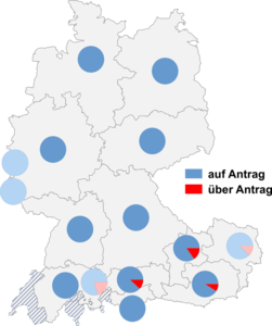 Relative Auftretenshäufigkeit von auf Antrag / über Antrag innerhalb der einzelnen Areale