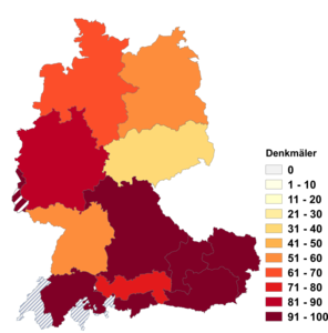 Relative Auftretenshäufigkeit von Denkmäler innerhalb der einzelnen Areale im Verhältnis zu Denkmale (in %)