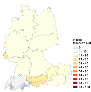 Relative Auftretenshäufigkeit von in frischer Luft / in der frischen Luft innerhalb der einzelnen Areale im Verhältnis zu an frischer Luft / an der frischen Luft (in %)