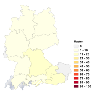 Relative Auftretenshäufigkeit von Masten innerhalb der einzelnen Areale im Verhältnis zu Mast (in %)