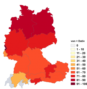 Relative Auftretenshäufigkeit von von + Dativ bei links und rechts innerhalb der einzelnen Areale im Verhältnis zum Genitiv (in %)
