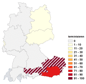 Relative Auftretenshäufigkeit von terminisieren innerhalb der einzelnen Areale im Verhältnis zu terminieren (in %)