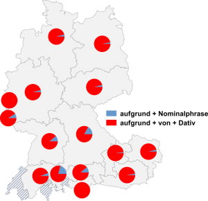 Relative Auftretenshäufigkeit von aufgrund + Nominalphrase / aufgrund + von + Dativ innerhalb der einzelnen Areale