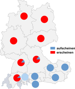 Relative Auftretenshäufigkeit von aufscheinen / erscheinen innerhalb der einzelnen Areale