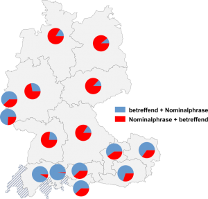 Relative Auftretenshäufigkeit von betreffend + Nominalphrase / Nominalphrase + betreffend innerhalb der einzelnen Areale