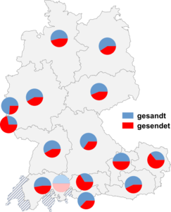 Relative Auftretenshäufigkeit von gesandt / gesendet innerhalb der einzelnen Areale