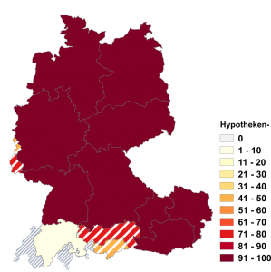 Relative Auftretenshäufigkeit von Hypotheken- innerhalb der einzelnen Areale im Verhältnis zu Hypothekar- (in %)
