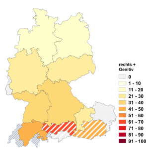 Relative Auftretenshäufigkeit von rechts + Genitiv innerhalb der einzelnen Areale im Verhältnis zu rechts + von + Dativ (in %)