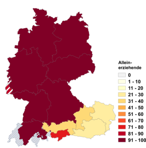 Relative Auftretenshäufigkeit von Alleinerziehende innerhalb der einzelnen Areale im Verhältnis zu Alleinerzieher (in %)