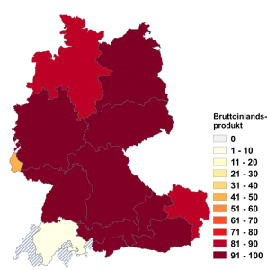 Relative Auftretenshäufigkeit von Bruttoinlandsprodukt innerhalb der einzelnen Areale im Verhältnis zu Bruttoinlandprodukt (in %)