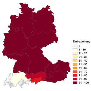 Relative Auftretenshäufigkeit von Einbeziehung innerhalb der einzelnen Areale im Verhältnis zu Einbezug (in %)