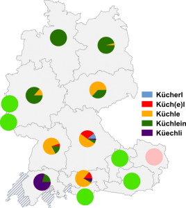 Relative Auftretenshäufigkeit von Kücherl / Küch(e)l / Küchle / Küchlein und Küechli innerhalb der einzelnen Areale
