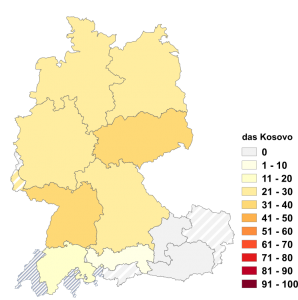 Relative Auftretenshäufigkeit von das Kosovo innerhalb der einzelnen Areale im Verhältnis zu der Kosovo (in %)