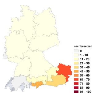 Relative Auftretenshäufigkeit von nachbesetzen innerhalb der einzelnen Areale im Verhältnis zu (neu) besetzen (in %)