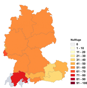 Relative Auftretenshäufigkeit von Nullfuge innerhalb der einzelnen Areale im Verhältnis zu (e)s-Fuge (in %)