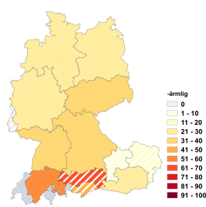 Relative Auftretenshäufigkeit von -ärmlig innerhalb der einzelnen Areale im Verhältnis zu -ärmelig (in %)