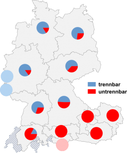 Relative Auftretenshäufigkeit der trennbaren / untrennbaren Verwendungsweise innerhalb der einzelnen Areale