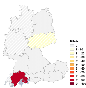 Relative Auftretenshäufigkeit von Billette innerhalb der einzelnen Areale im Verhältnis zu Billetts (in %)