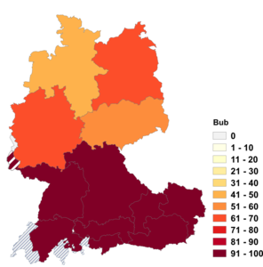 Relative Auftretenshäufigkeit von Bub innerhalb der einzelnen Areale im Verhältnis zu Bube (in %)