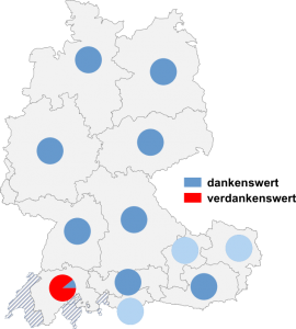 Relative Auftretenshäufigkeit von dankenswert / verdankenswert innerhalb der einzelnen Areale