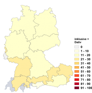 Relative Auftretenshäufigkeit von inklusive + Dativ innerhalb der einzelnen Areale im Verhältnis zu inklusive + Genitiv (in %)