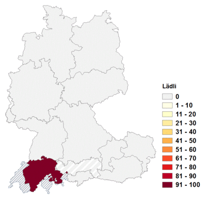 Relative Auftretenshäufigkeit von Lädli innerhalb der einzelnen Areale im Verhältnis zu Lädchen und Läd(e)le (in %)