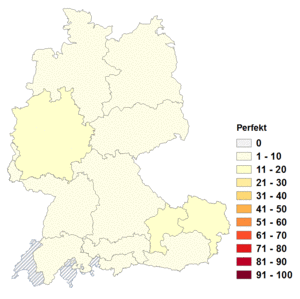 Relative Auftretenshäufigkeit von Perfekt innerhalb der einzelnen Areale im Verhältnis zu Präteritum (in %)