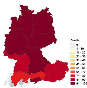 Relative Auftretenshäufigkeit des Genitivs bei dank, entlang, inklusive, mittels, statt, trotz und während innerhalb der einzelnen Sprachregionen im Verhältnis zum Dativ (in %)