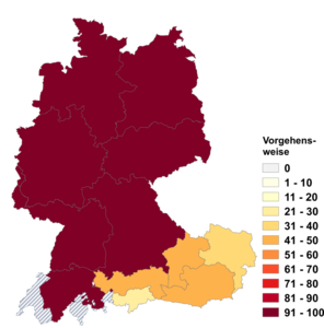 Relative Auftretenshäufigkeit von Vorgehensweise innerhalb der einzelnen Areale im Verhältnis zu Vorgangsweise (in %)