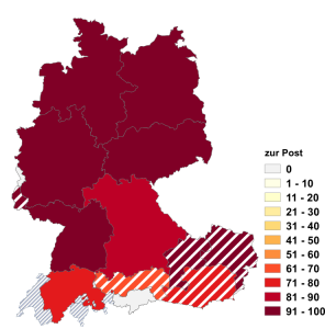 Relative Auftretenshäufigkeit von zur Post innerhalb der einzelnen Areale im Verhältnis zu auf die Post (in %)