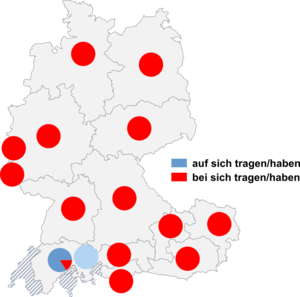 Relative Auftretenshäufigkeit von auf sich tragen/haben / bei sich tragen/haben innerhalb der einzelnen Areale