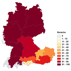 Relative Auftretenshäufigkeit von Bursche innerhalb der einzelnen Areale im Verhältnis zu Bursch (in %)