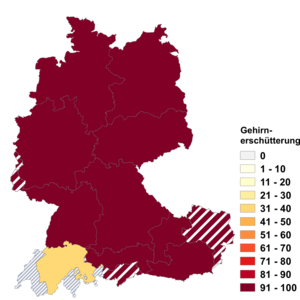 Relative Auftretenshäufigkeit von Gehirnerschütterung innerhalb der einzelnen Areale im Verhältnis zu Hirnerschütterung (in %)