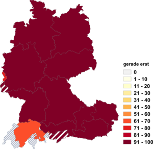 Relative Auftretenshäufigkeit von gerade erst innerhalb der einzelnen Areale im Verhältnis zu erst gerade (in %)