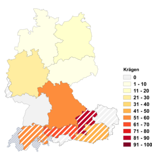 Relative Auftretenshäufigkeit von Krägen innerhalb der einzelnen Areale im Verhältnis zu Kragen (in %)