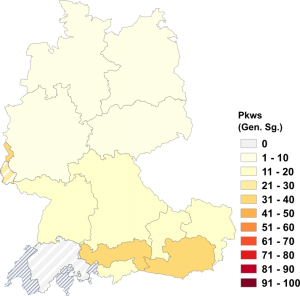 Relative Auftretenshäufigkeit von Pkws innerhalb der einzelnen Areale im Verhältnis zu Pkw (Gen. Sg., in %)