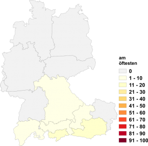 Relative Auftretenshäufigkeit von am öftesten innerhalb der einzelnen Areale im Verhältnis zu am häufigsten (in %)