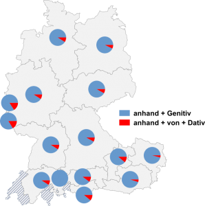 Relative Auftretenshäufigkeit von anhand + Genitiv / anhand + von + Dativ innerhalb der einzelnen Areale