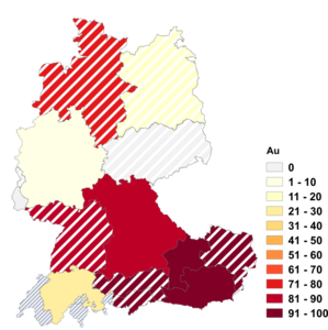 Relative Auftretenshäufigkeit von Au innerhalb der einzelnen Areale im Verhältnis zu Aue (in %)