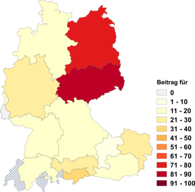 Relative Auftretenshäufigkeit von Beitrag für innerhalb der einzelnen Areale im Verhältnis zu Beitrag an und Beitrag zu (in %)