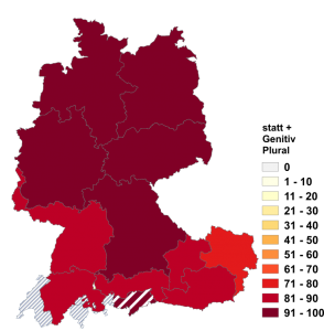 Relative Auftretenshäufigkeit von statt + Genitiv Plural innerhalb der einzelnen Areale im Verhältnis zu statt + Dativ Plural (in %)