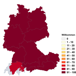 Relative Auftretenshäufigkeit von Willkommen innerhalb der einzelnen Areale im Verhältnis zu Willkomm (in %)