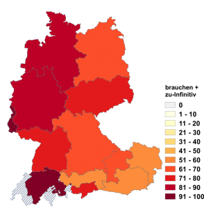 Relative Auftretenshäufigkeit von brauchen + zu-Infinitiv innerhalb der einzelnen Areale im Verhältnis zu brauchen + reiner Infinitiv (in %)