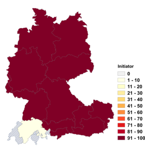 Relative Auftretenshäufigkeit von Initiator innerhalb der einzelnen Areale im Verhältnis zu Initiant (in %)