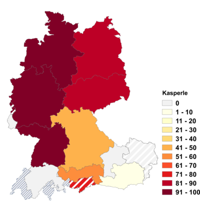 Relative Auftretenshäufigkeit von Kasperle innerhalb der einzelnen Areale im Verhältnis zu Kasperl und Kasperli (in %)