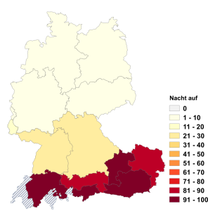 Relative Auftretenshäufigkeit von Nacht auf innerhalb der einzelnen Areale im Verhältnis zu Nacht zu (in %)