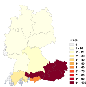 Relative Auftretenshäufigkeit von i-Fuge innerhalb der einzelnen Areale im Verhältnis zu s-Fuge (in %)