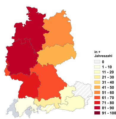 Relative Auftretenshäufigkeit von in + Jahreszahl innerhalb der einzelnen Areale im Verhältnis zu im + Jahreszahl und ø + Jahreszahl (in %)